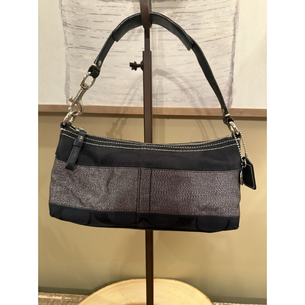 COACH Signature Black Logo  Silver Stripe Sparkle Mini Hobo‎ Bag Handbag 11096